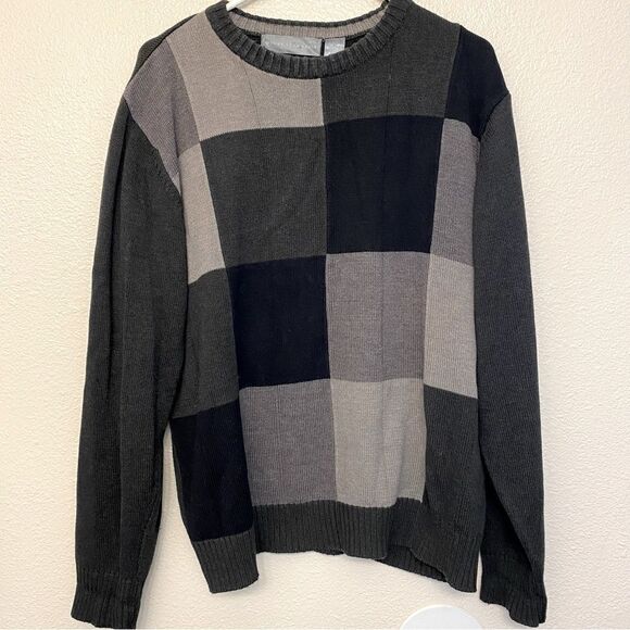 Oscar De La Renta Gray Color Block Crew Neck Long Sleeved Sweater Men's XL - Picture 2 of 9
